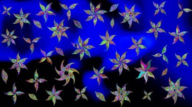 Renkli grunge, soyut arkaplanı kolomavi çiçeklerle süslüyor. Parmak izi, kumaş, duvar kâğıdı, tekstil için raster dokusu. Nakış desenli çiçek deseni..