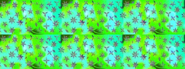 Bir sürü yeşil ve soyut çiçekli tropik eskiz deseni. Küçük çiçekteki sevimli çiçek deseni. Varicologreen Raster çizimi.