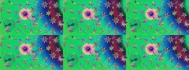 Çok yeşil zarif küçük çiçekler ve yeşil renkli komik böcekler, raster desen, illüstrasyon.