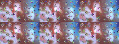 Tarafsız bir arkaplanda. Çocuksu tasarım. Tekstil, kumaş, ambalaj, hatıra defteri için hoş bir çiçek arkaplanı. Elle çizilmiş karalama çiçekleri ile Raster çizim deseni.