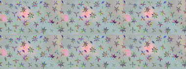 Raster illüstrasyonu. Tekstil veya kitap kapakları, imalat, duvar kağıtları, baskı, hediye paketi ve yapıştırma kitabı için çiçek eskizi geçmişi. Küçük ölçekli çiçeklerdeki basit sevimli desen.