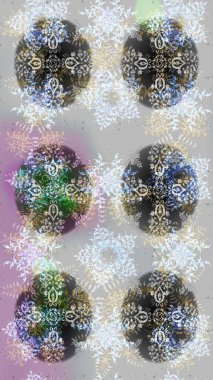 Raster illüstrasyonu. Tarafsız, gri ve yeşil kar taneleri. Noel için tatil tasarımı, yeni yıl moda baskıları. Güzel tasarım. Kar tanelerinin soyut arkaplanlı Noel arkaplanı.