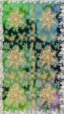 2019 Noel 'i, kar tanesi, yeni yıl. Yeşil renklerde ve altın elementlerle klasik, pürüzsüz desen.