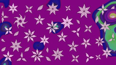 Suluboya elle çizilmiş çiçek desenli eskiz deseni. Parlak renkli fantezi çiçekleri, yapraklar, mor renkli tomurcuklar.