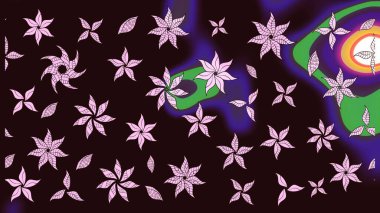 Suluboya elle çizilmiş çiçek desenli eskiz deseni. Parlak renkli fantezi çiçekleri, yapraklar, kahverengi renkli tomurcuklar, kahverengi.