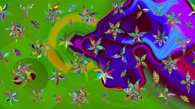 Raster illüstrasyonu. Düz Çiçek Elementleri Tasarımı. Çiçekli çiçek deseni, suluboya. Yeşil renkli çiçekler. Renkli Bahar Teması çizim şablonu.