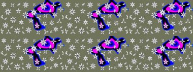 Renkli desenli eskiz deseni, yeşil çiçekler ve dekoratif elementlerle. Eskiz geçmişi. Raster illüstrasyonu. Kumaş, tekstil, duvar kağıdı baskısı için. Antika retro tarzı.