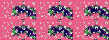 Üzerinde pembe renkte bitkilerden oluşan parlak bir halı olan çizim deseni.