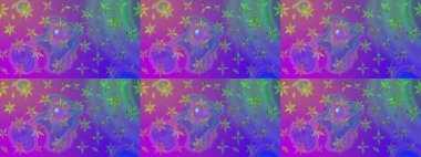 Raster illüstrasyonu. Raster illüstrasyonu. Çiçek desenli çizim. Asya tekstil tarzında. Mor renkte çiçekler.