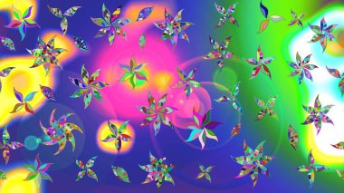 Moda baskıları için zarif bir şablon. Halk tarzı. Parlak renkli çiçekleri ve mavi yaprakları olan harika bir çiçek deseni. Modern çiçek arkaplanı.