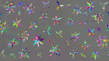 Çok renkli, zarif küçük çiçekler ve gri renkli komik böcekler, raster desen, illüstrasyon.