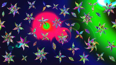 Çok renkli, zarif küçük çiçekler ve gri renkli komik böcekler, raster desen, illüstrasyon.