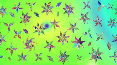 Eskiz arkaplan modeli. Yapraklı çiçekler ve yeşil renkli papatya çiçekleri. Raster - stok.