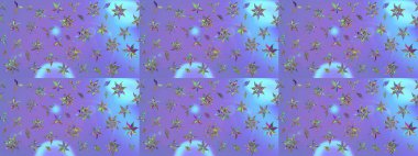 Çok renkli, zarif küçük çiçekler ve mor renkli komik böcekler, raster deseni, illüstrasyon..