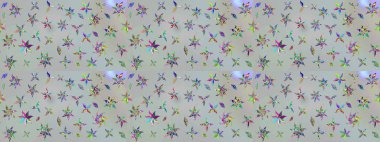 Renkli Bahar Teması eskiz kalıbı. Asya tekstil tarzında. Raster illüstrasyonu. Gri renkli çiçekler. Düz Çiçek Elementleri Tasarımı. Çiçek desenini çiz.