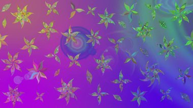 Suluboya elle çizilmiş çiçek desenli eskiz deseni. Parlak renkli fantezi çiçekleri, yapraklar, menekşe renkli tomurcuklar.