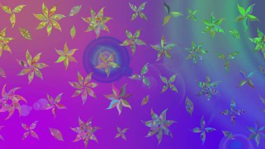 Çok renkli, zarif küçük çiçekler ve mor renkli komik böcekler, raster deseni, illüstrasyon..