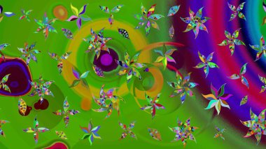 Yeşil renkli bitkilerden oluşan parlak çiçekli çizim deseni.