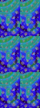 Halk tarzı. Parlak renkli çiçekleri ve mavi yaprakları olan harika bir çiçek deseni. Moda baskıları için zarif bir şablon. Modern çiçek arkaplanı.