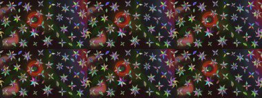 Çok renkli, zarif küçük çiçekler ve gri renkli komik böcekler, raster desen, illüstrasyon.