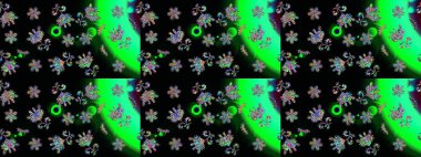 Klasik taslak çizimi. Çiçekli siyah, yeşil ve mavi çizim deseni. Raster çiçek izi..