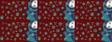 Asya tekstil tarzında. Düz Çiçek Elementleri Tasarımı. Renkli Bahar Teması eskiz kalıbı. Çiçek desenli çizim. Raster illüstrasyonu. Kırmızı renkte çiçekler.