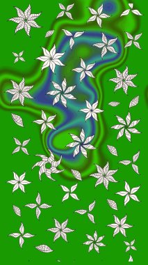 Şirin çiçekli eskiz deseni ve yeşil renkli yapraklar, suluboya çiçek deseni, duvar kağıdı, kart veya kumaş için fayanslı. Raster illüstrasyonu.