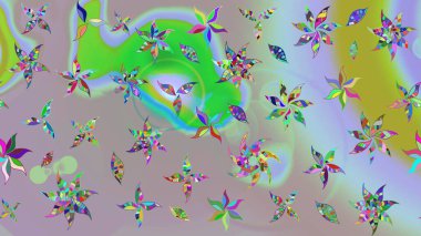 Çiçeksel fantezi tasarımı ve parlak bir arka plan çizimi. Renkli Bahar Teması eskiz kalıbı. Düz Çiçek Elementleri Tasarımı.