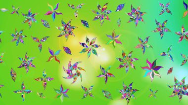 Şirin çiçekli eskiz deseni ve yeşil renkli yapraklar, suluboya çiçek deseni, duvar kağıdı, kart veya kumaş için fayanslı. Raster illüstrasyonu.