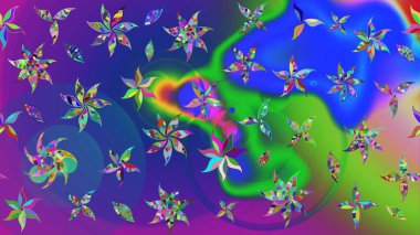 Raster çiçek desenli çiçek deseni, yapraklar, dekoratif elementler, sıçrama, lekeler, el çizimi kontur çizgileri ve Doodle çizim stili, grafik raster çizim çizimi.