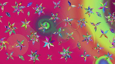 Parlak renkli çiçekleri ve morumsu yaprakları olan harika bir çiçek deseni. Moda baskıları için zarif bir şablon. Modern çiçek arkaplanı. Halk stili.