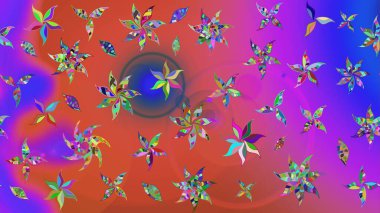 3D çiçekler, eskiz. Raster illüstrasyonu. Menekşe renklerinde.