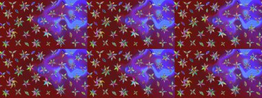 Kırmızı arka planda. Elle çizilmiş çiçek desenli Raster çizimi. Tekstil, kumaş, ambalaj, hatıra defteri için hoş bir çiçek arkaplanı. Çocuksu tasarım.