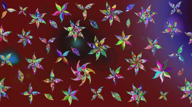 Raster - stok. Eskiz arkaplan modeli. Yapraklı çiçekler ve kırmızı renkli papatya çiçekleri..