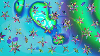 Raster illüstrasyonu. Şirin karalamalı çiçek desenli çizim. El yapımı çiçek ve bitki koleksiyonu. Raster illüstrasyonu. Robot resim tarzı mavi renkler.