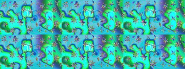 Mavi renkler ve parlak çiçekler üzerine soyut çizim deseni. Çiçeksel elementlerle süslenmiş zarif raster dokusu. Küçük çiçekte şirin bir çiçek deseni var..