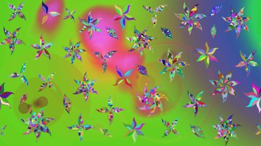 Retro tekstil tasarım koleksiyonu. 1950-1960 motifleri. El çizimi çiçek unsurları olan soyut çizim raster deseni. Çiçekli ipek eşarp. Yeşil yeşile.