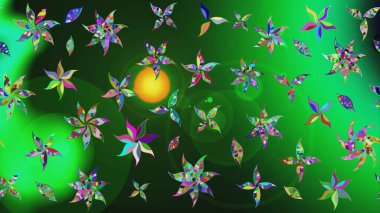 Suluboya elle çizilmiş çiçek desenli eskiz deseni. Parlak renkli fantezi çiçekleri, yapraklar, yeşil renkli tomurcuklar.