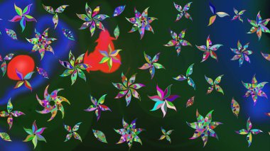 Raster çiçek desenli çiçek deseni, yapraklar, dekoratif elementler, sıçrama, lekeler, el çizimi kontur çizgileri ve Doodle çizim stili, grafik raster çizim çizimi.