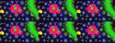 Parlak renkli çiçekleri ve gri renkli yaprakları olan harika bir çiçek deseni. Halk tarzı. Moda baskıları için zarif bir şablon. Modern çiçek arkaplanı.