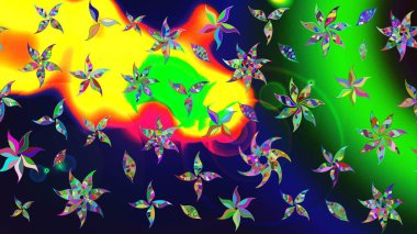 Yeşil renkli çiçekler. Hediye ambalaj kağıdı, tebrik kartları, posterler ve pankart tasarımı. Raster düz çiçek çizim deseni.