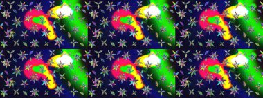 Raster çiçek desenli çiçek deseni, yapraklar, dekoratif elementler, sıçrama, lekeler, el çizimi kontur çizgileri ve Doodle çizim stili, grafik raster çizim çizimi.