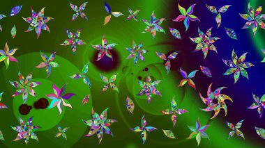 Raster illüstrasyonu. Yeşil renkli çiçekler. El çizimi çiçekli soyut çizim deseni.