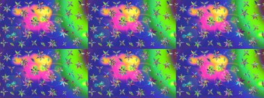 Mavi renkler ve parlak çiçekler üzerine soyut çizim deseni. Küçük çiçekte hoş bir çiçek deseni var. Çiçek elementli zarif raster dokusu..