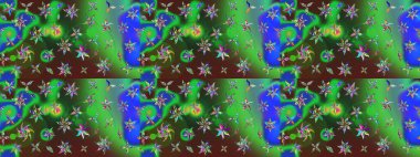 Şirin çiçekli eskiz deseni ve yeşil renkli yapraklar, suluboya çiçek deseni, duvar kağıdı, kart veya kumaş için fayanslı. Raster illüstrasyonu.