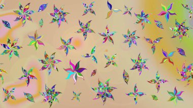 Çiçekli ipek eşarp. 1950-1960 motifleri. Retro tekstil tasarım koleksiyonu. El çizimi çiçek unsurları olan soyut çizim raster deseni. Bej üzerine bej.