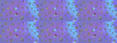 Tatil havası. Raster güzel bir çiçek deseni çizmiş. Bahar mevsimi. Mor renkli çiçekler. Nazik romantik baskı.