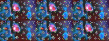 Çiçek desenli çizim. Raster illüstrasyonu. Raster illüstrasyonu. Asya tekstil tarzında. Mavi renkte çiçekler.