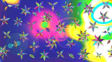 Kumaş, tekstil, duvar kağıdı baskısı için. Raster illüstrasyonu. Eskiz geçmişi. Renkli desenli eskiz deseni, mavi çiçekler ve dekoratif elementlerle. Antika retro tarzı.