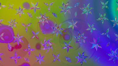 Birçok menekşe ve soyut çiçekli tropik çizim deseni. Küçük çiçekteki sevimli çiçek deseni. Varisolyot raster çizimi.